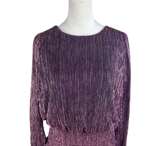 Joie Black & Pink Metallic Textured Ribbed Smocked Waist Long Sleeve Blouse - Picture 5 of 11